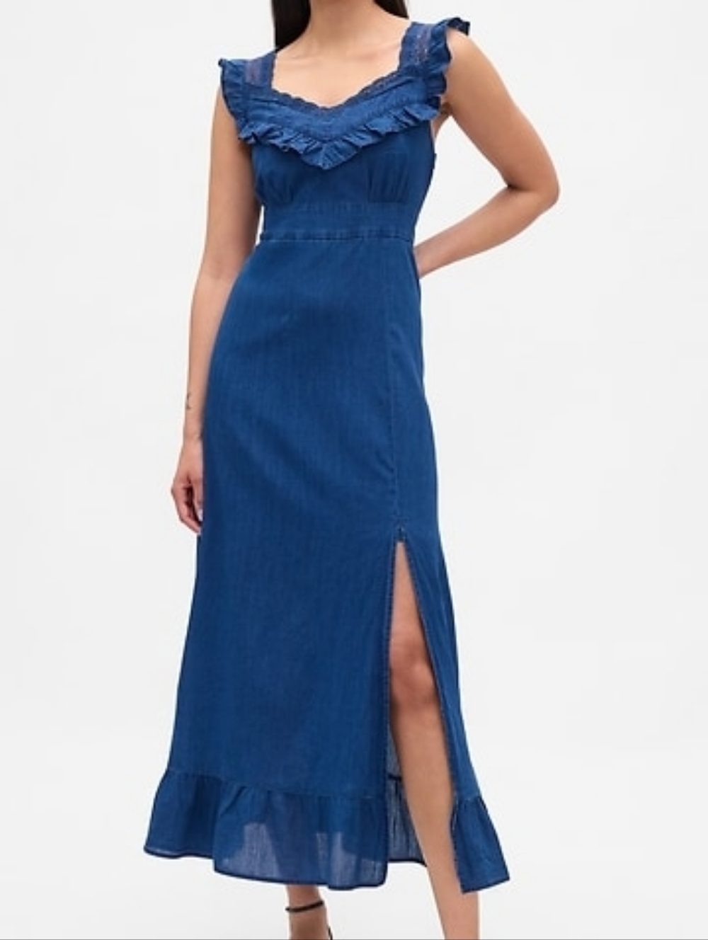 NWT - GAP Cotton Voile Ruffle Trim Crochet Lace Indigo Maxi Dress - XL Tall
